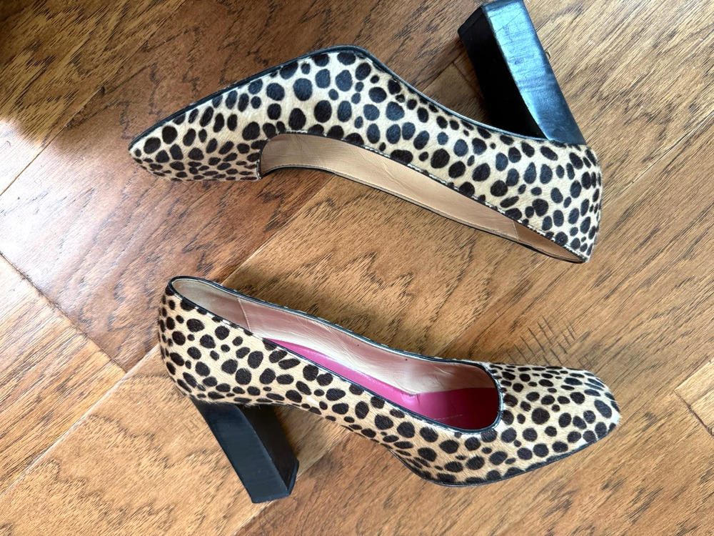 Kate Spade Leopard Print Calf Hair Block Heel Pumps Shoes Size 7B Square Toe